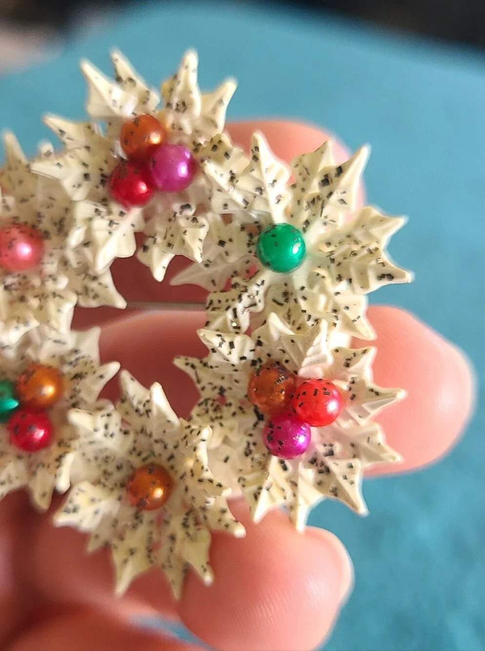 Festive Vintage Ivory Poinsettia Wreath Brooch with Multicolor Beads